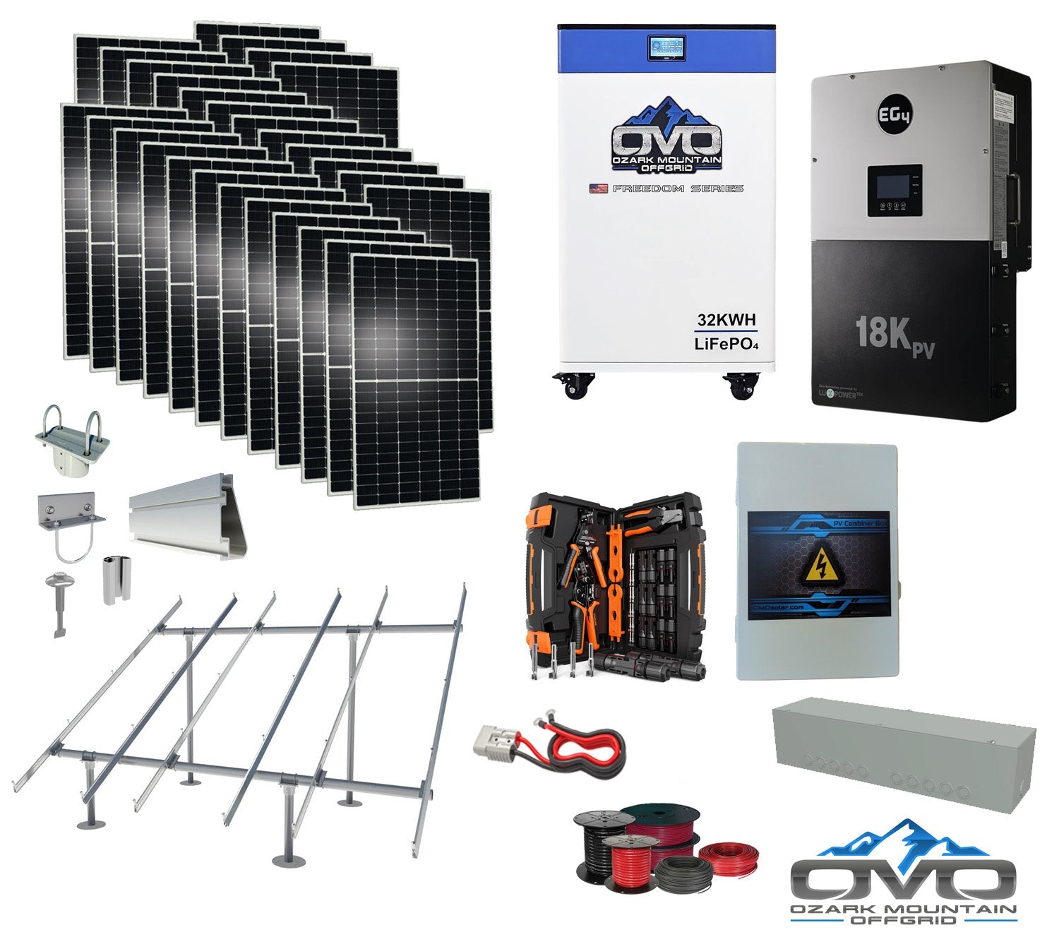 15KW Complete Offgrid Solar Kit + EG4 18kPV + 32KW OMO 48V Freedom Series Lithium Battery + 15.4KW Solar with Ground Mount and Wiring