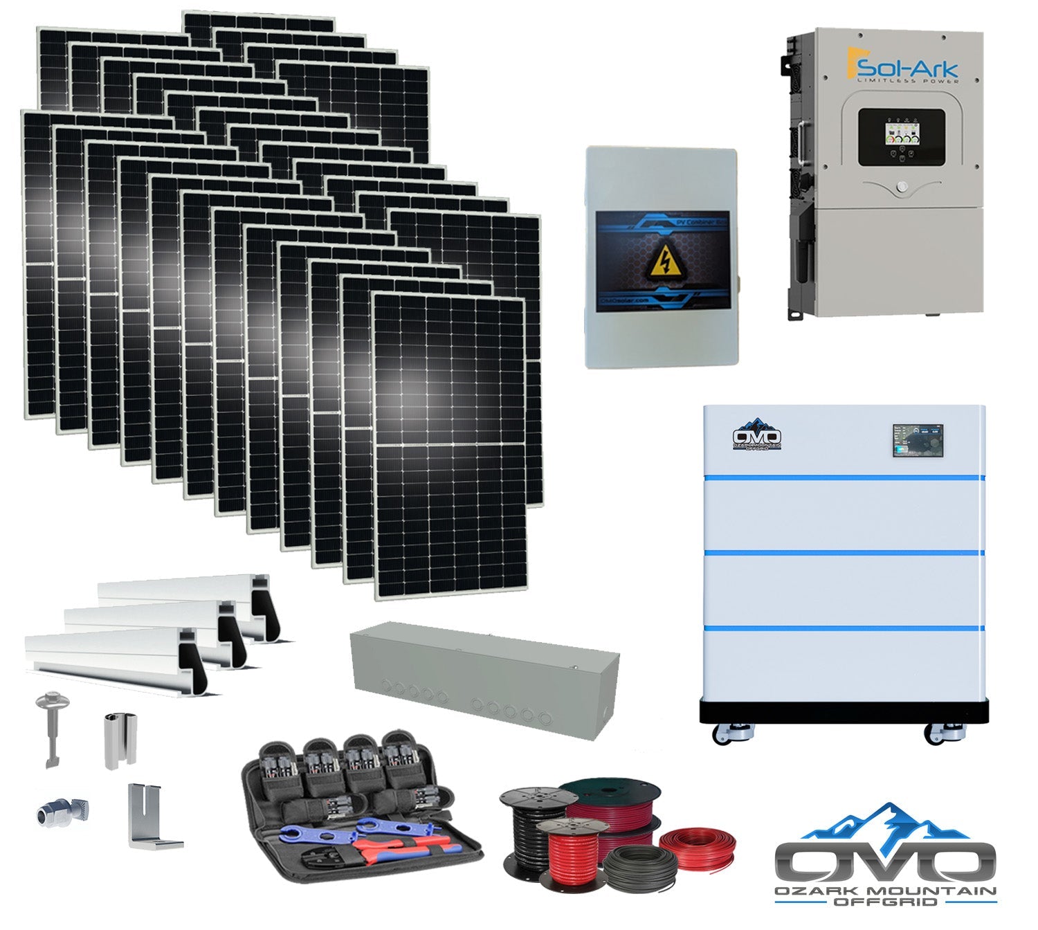 15KW Complete Offgrid Solar Kit - 15K Sol-Ark Inverter + 15.36KW OMO Stack Lithium Battery +15.4KW Solar with Mounting Rails and Wiring