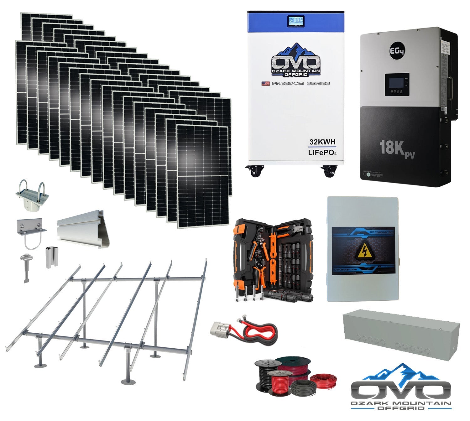 17KW Complete Offgrid Solar Kit + EG4 18kPV + 32KW OMO 48V Freedom Series Lithium Battery + 17.6KW Solar with Ground Mount and Wiring
