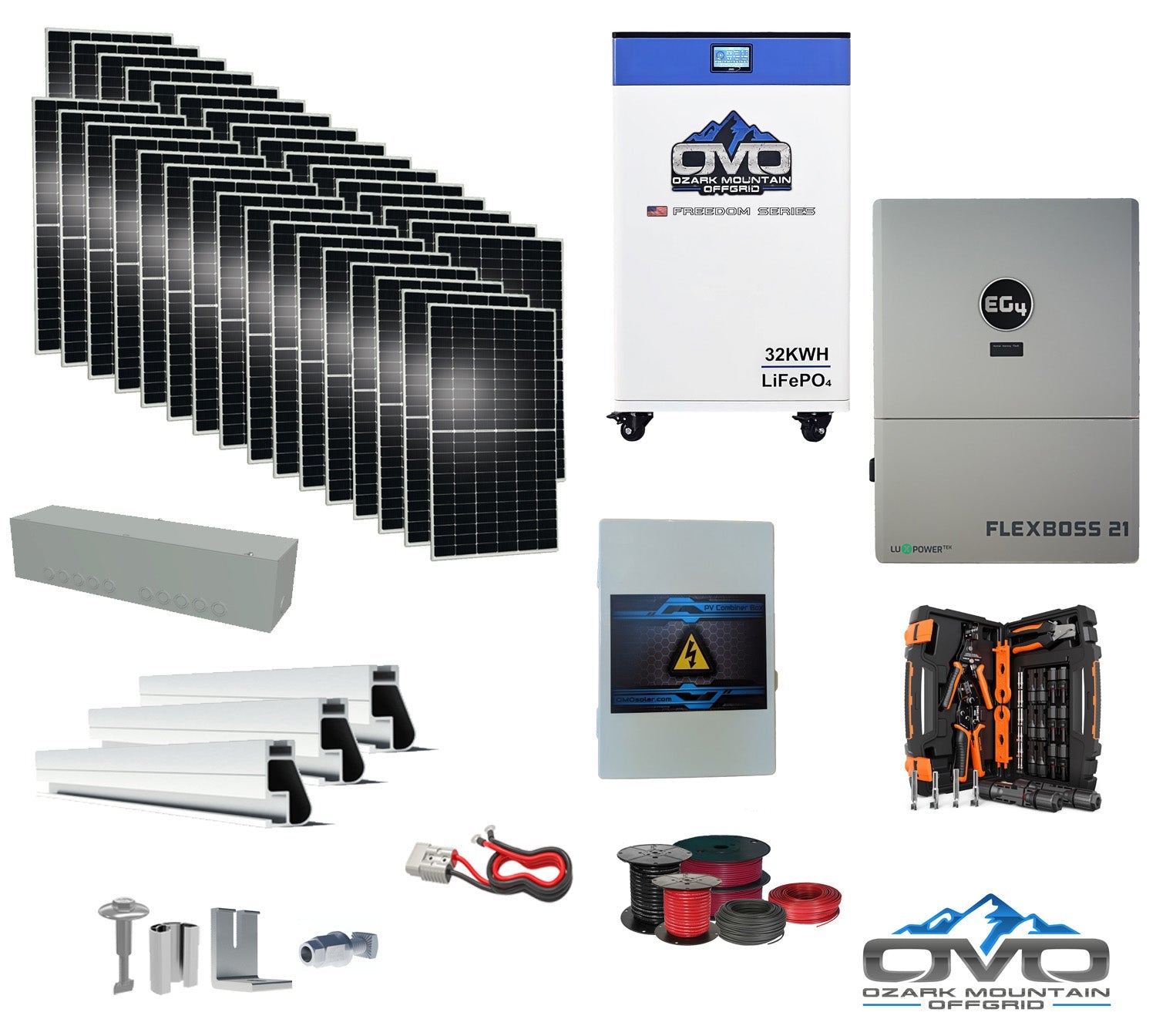 17KW Complete Offgrid Solar Kit + EG4 FlexBOSS21 + 32KW OMO 48V Freedom Series Lithium Battery + 17.6KW Solar with Roof Mounting Rails and Wiring