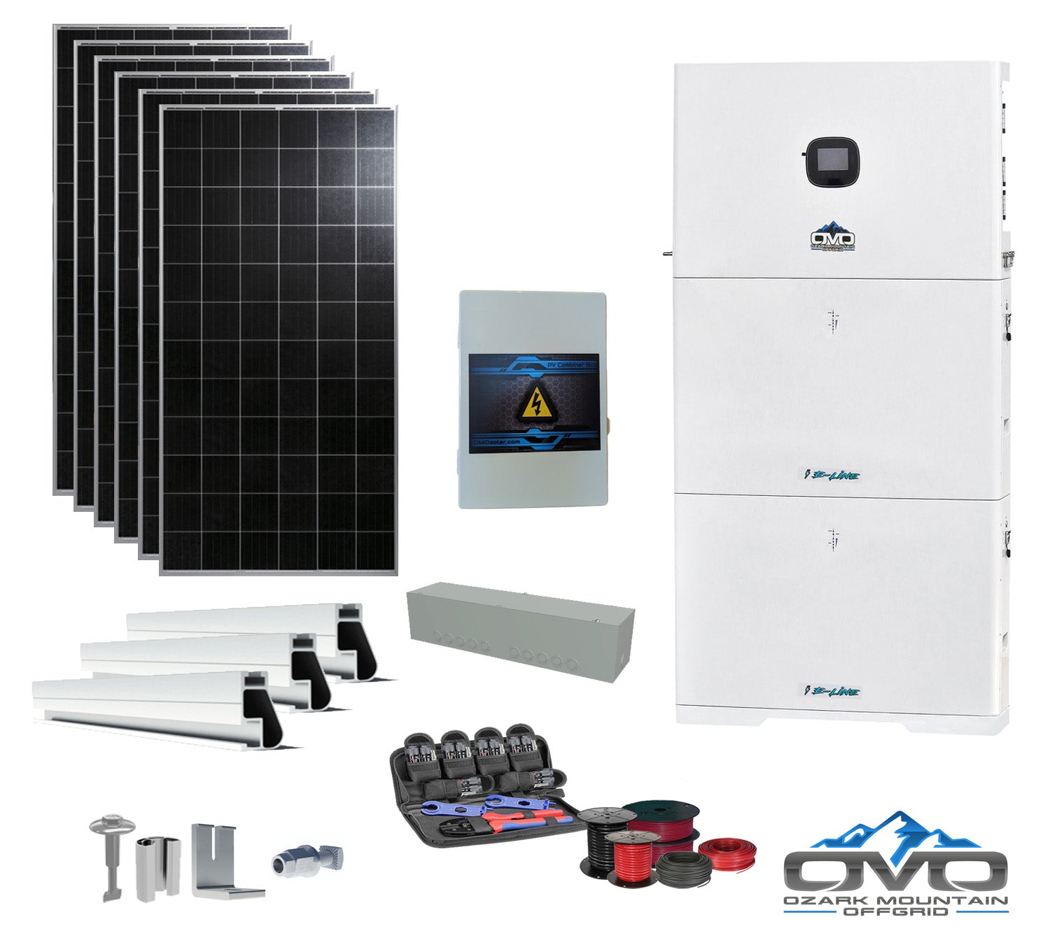 2.28KW Complete Offgrid Solar Kit + 10K 120V/240V OMO E-Line Inverter + 2x 10.24KW OMO E-Line Lithium Battery +2.28KW Solar with Roof Mounting Rails and Wiring