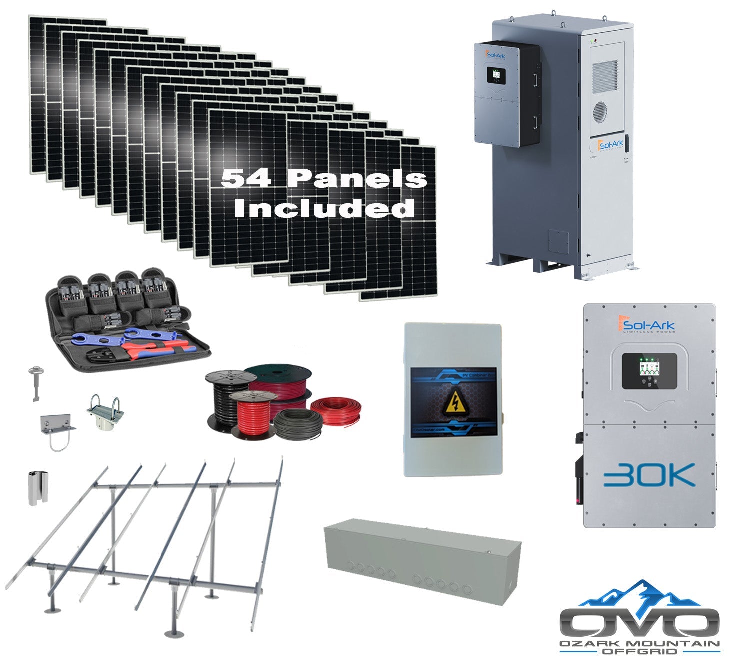 Commercial 30KW Solar Array - 3 Phase 208V Solar Kit + 30K 208V Sol-Ark Inverter + 60KW Sol-Ark OUTDOOR Lithium Battery +29.7KW Solar with Ground Mount and Wiring