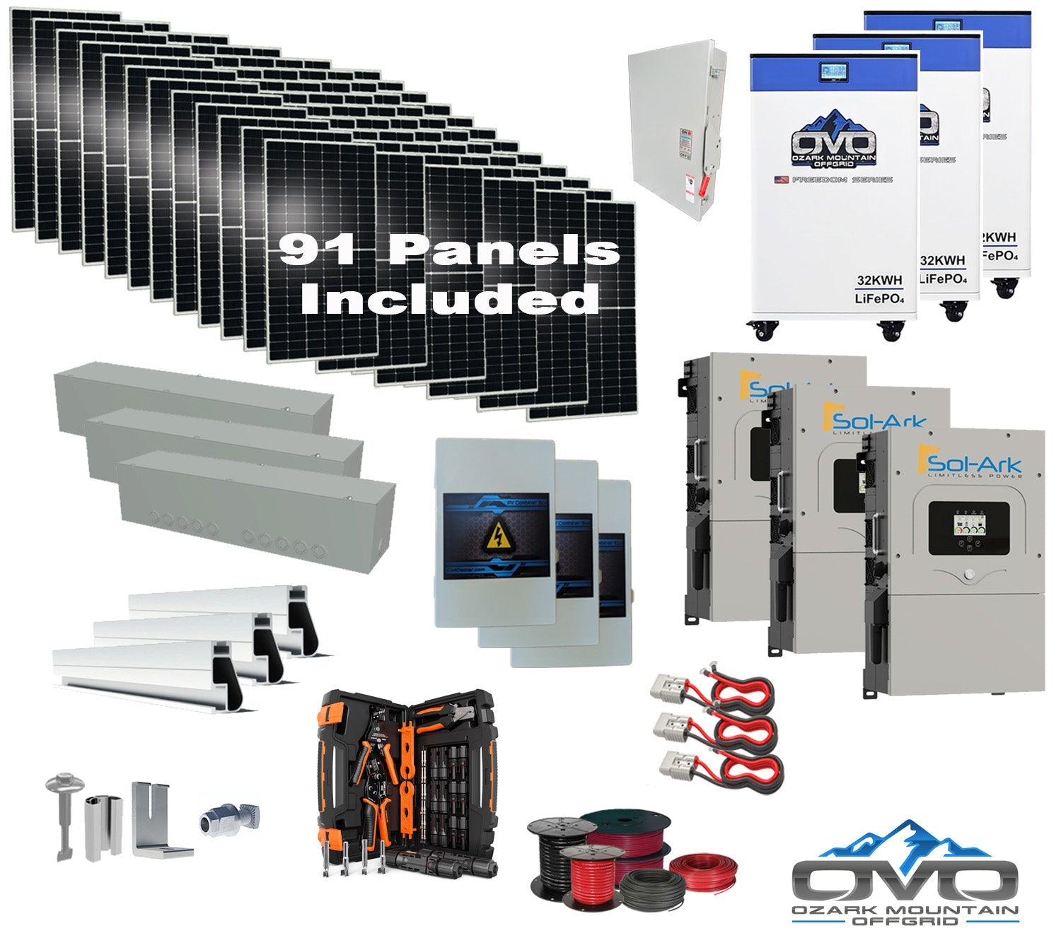 50KW Complete Offgrid Solar Kit + 3x 15K Sol-Ark Inverter + 3x 32kWh OMO 48V Freedom Series Lithium Battery +50.05KW Solar with Roof Mount and Wiring